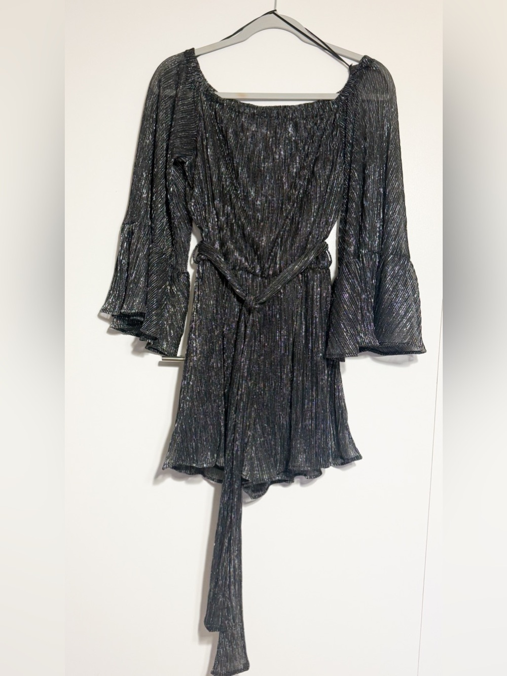 Lush Metallic Black Off-Shoulder Bell Sleeve Romper